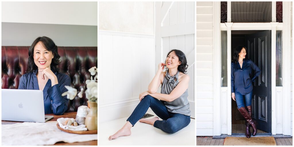 Personal branding images of a female entrepreneur in a styled airBNB, with a luxe feel.